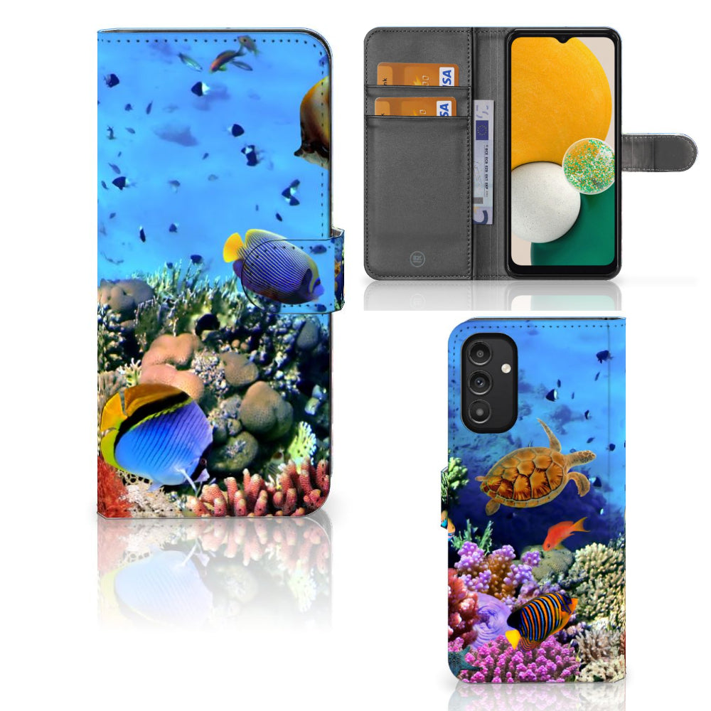 Samsung Galaxy A14 4G Telefoonhoesje met Pasjes Vissen met tropische vissen en ruimte voor 3 pasjes.