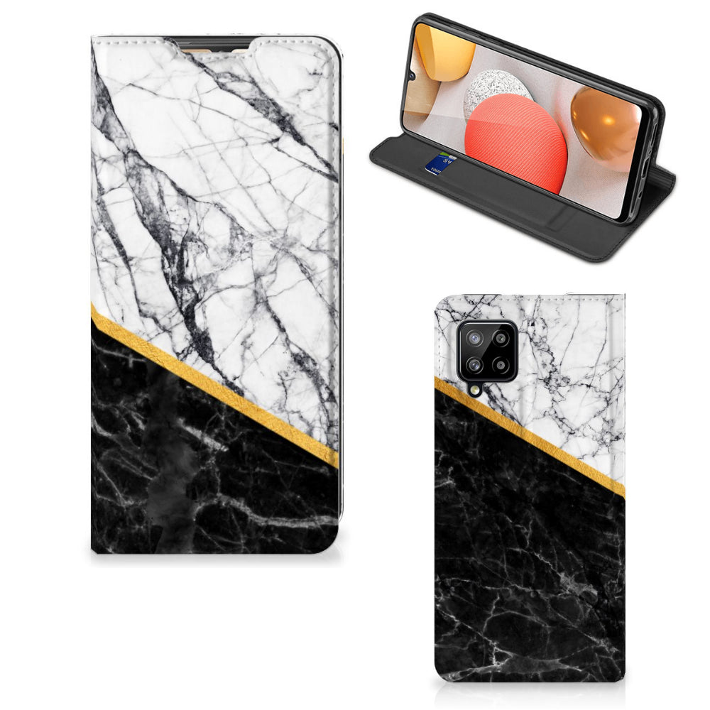 Samsung Galaxy A42 Standcase Marmer Wit Zwart - Origineel Cadeau Man