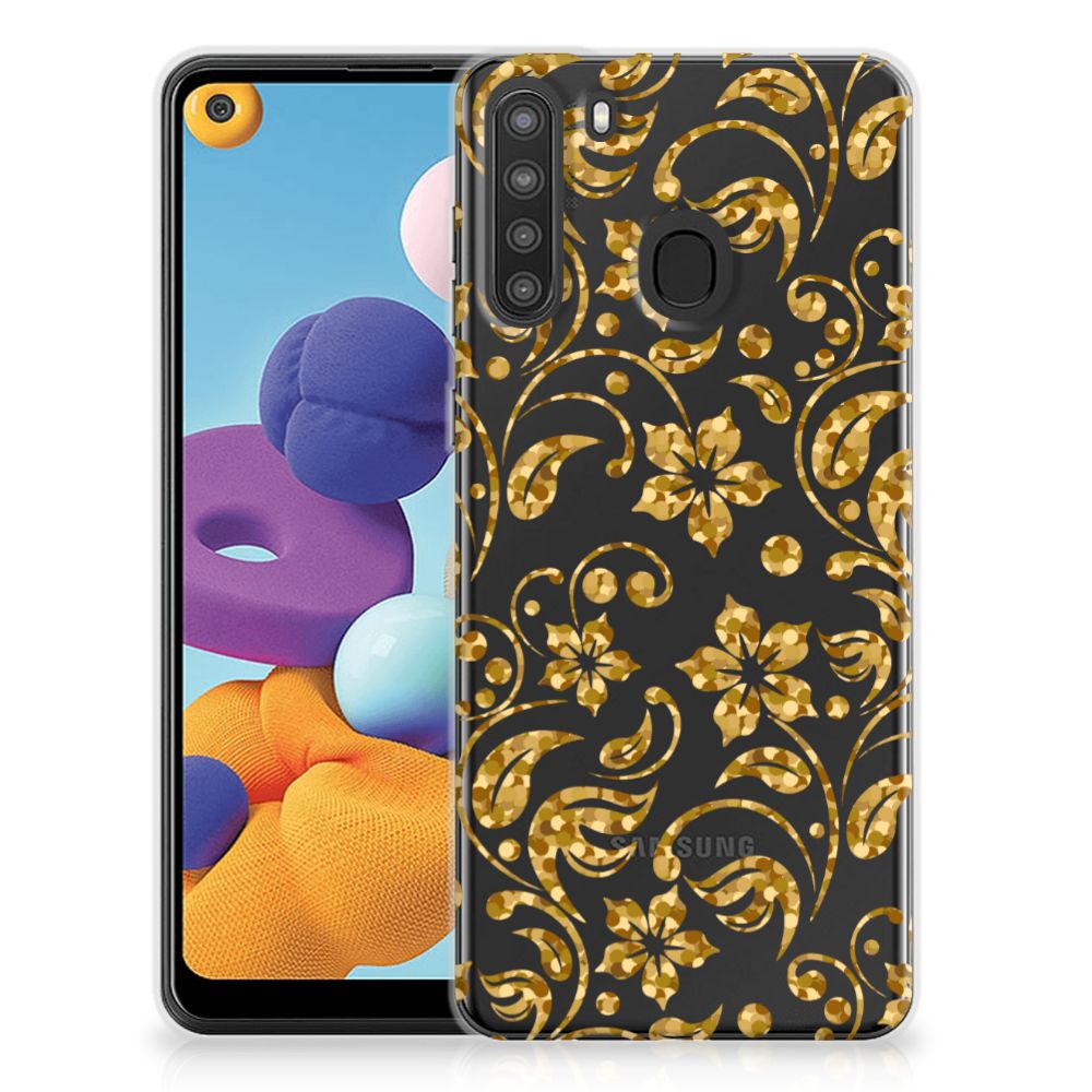 Samsung Galaxy A21 TPU Case Gouden Bloemen