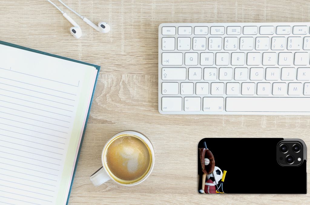 iPhone 13 Pro Max Hippe Standcase Sports on a desk with coffee, keyboard, and notebook.
