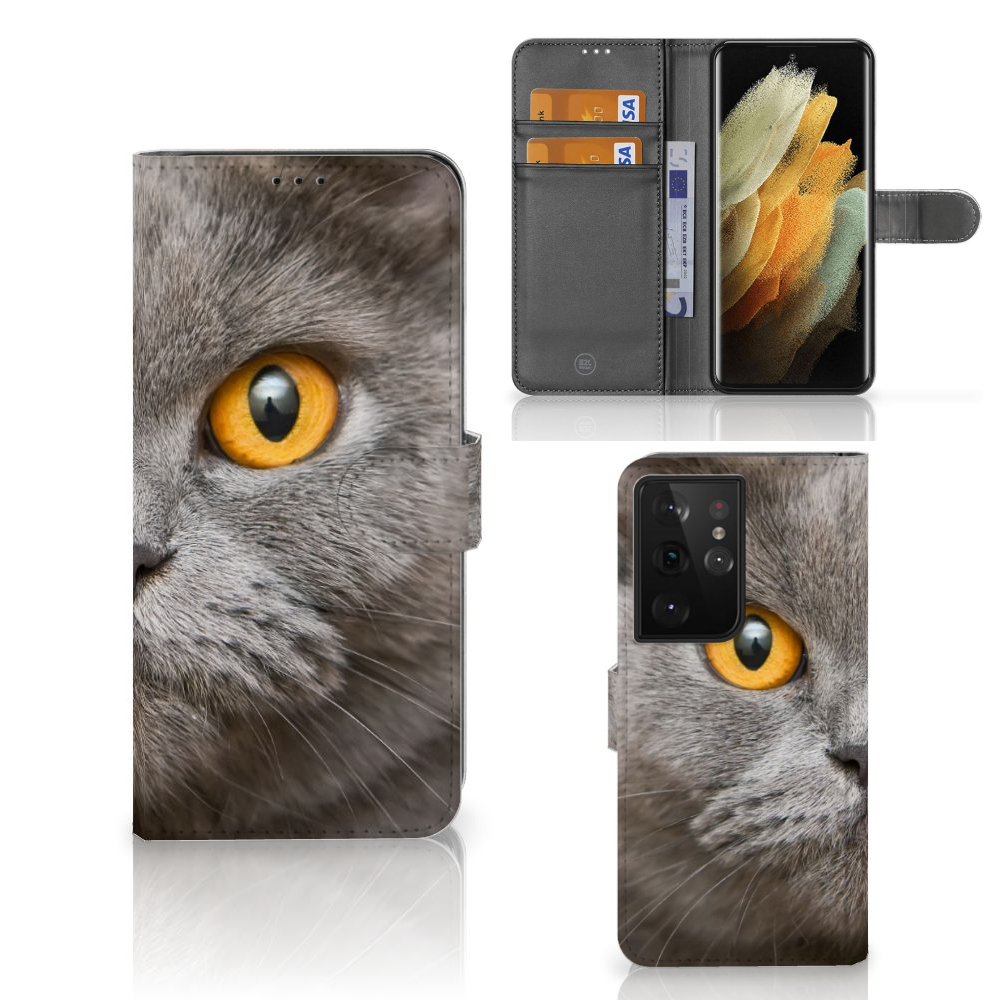 Telefoonhoesje met Pasjes Samsung Galaxy S21 Ultra Britse Korthaar met afbeelding van een Britse korthaar kat.