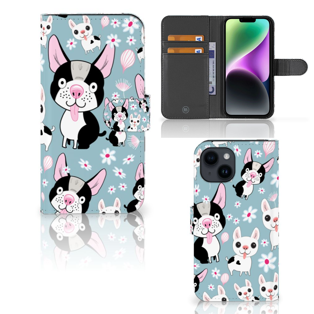 iPhone 15 Telefoonhoesje met Pasjes Hondjes met schattige cartoon hondjes en bloemen đ¸