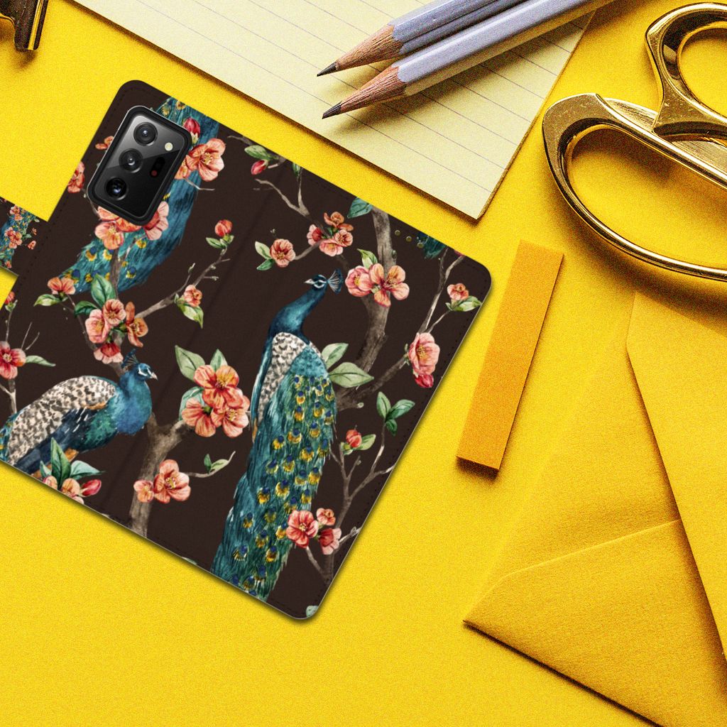 Samsung Galaxy Note20 Ultra Telefoonhoesje met Pasjes Pauw met Bloemen
