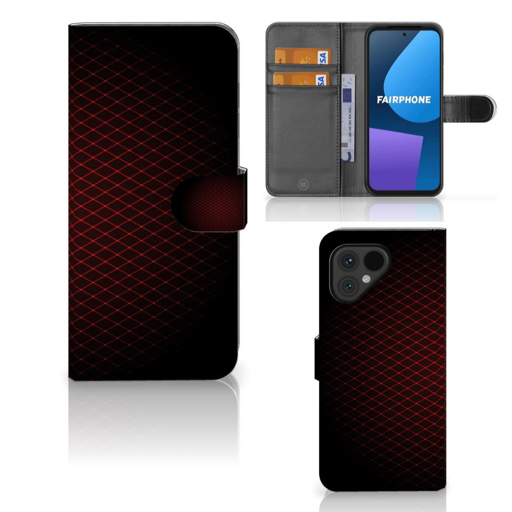 Fairphone 5 Telefoon Hoesje Geruit Rood met ruimte voor 3 pasjes, minimalistisch design en opvallende kleuren.