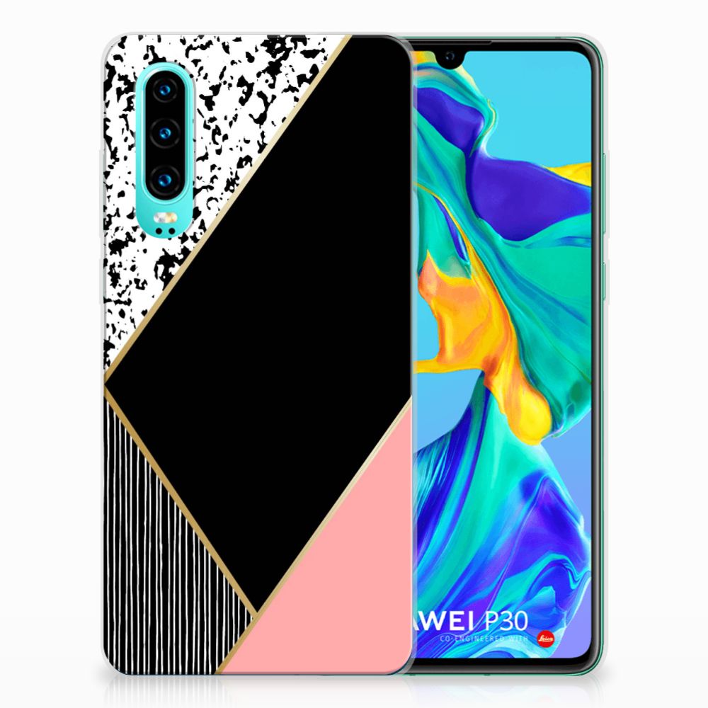 Huawei P30 TPU Hoesje Zwart Roze Vormen