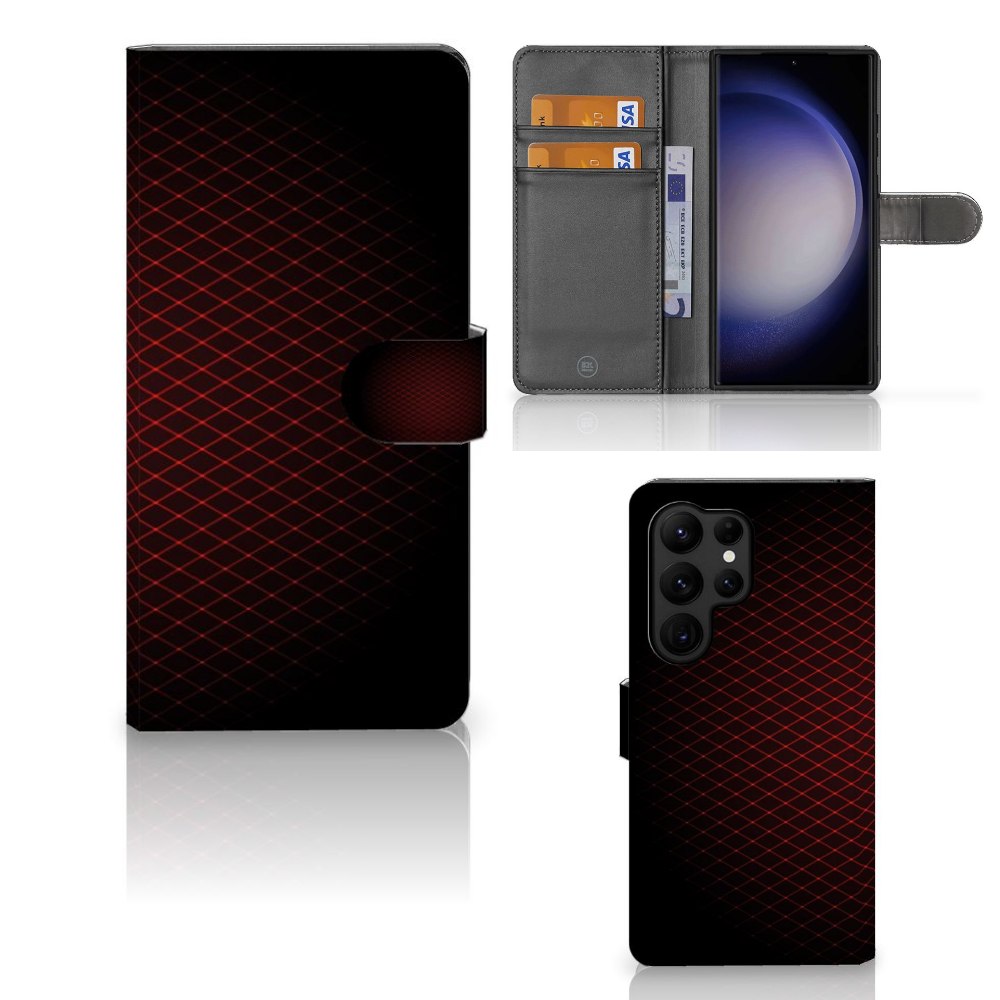 Samsung Galaxy S23 Ultra Telefoon Hoesje Geruit Rood met ruimte voor 3 pasjes, minimalistisch en opvallend design.