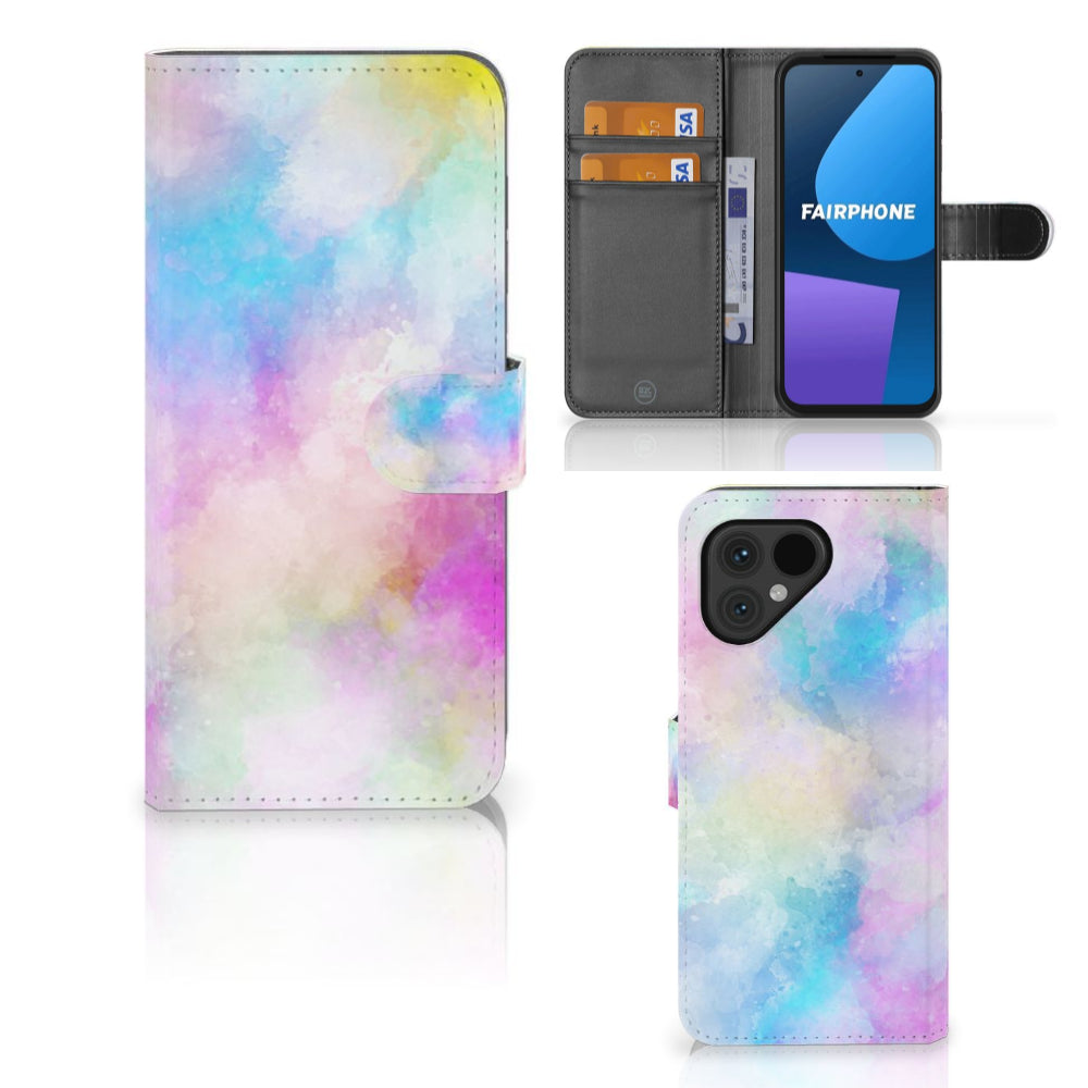 Hoesje Fairphone 5 Watercolor Light met pastelkleuren en pasjeshouder, uniek en kleurrijk design.