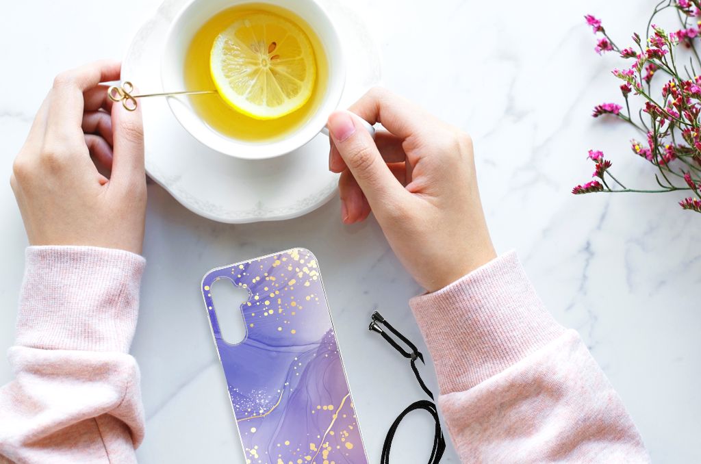 Back Cover voor Samsung Galaxy A14 5G Watercolor Paars met handen die een kopje thee vasthouden.