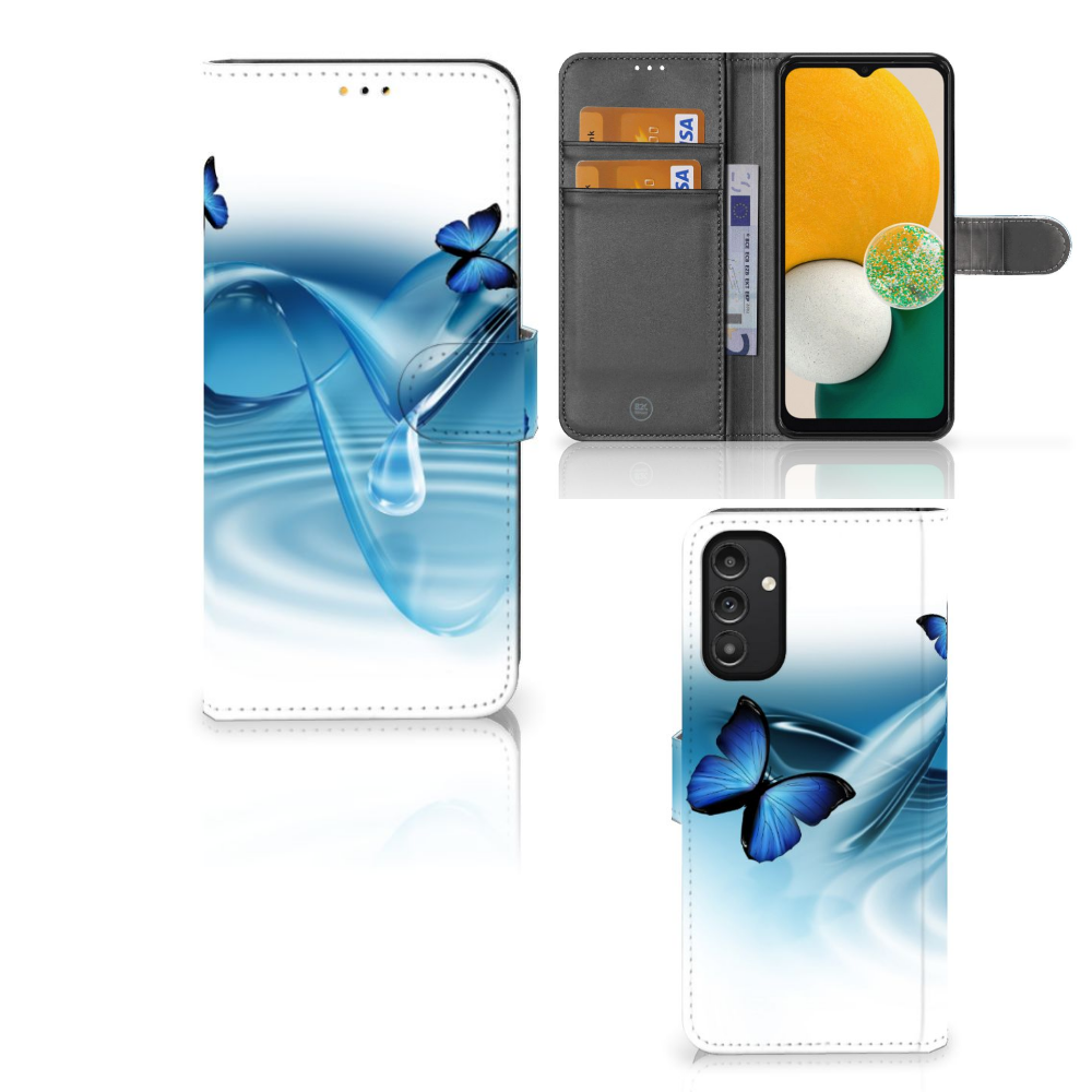 Samsung Galaxy A14 5G Telefoonhoesje met Pasjes Vlinders in bookstyle met blauwe vlinders en golven