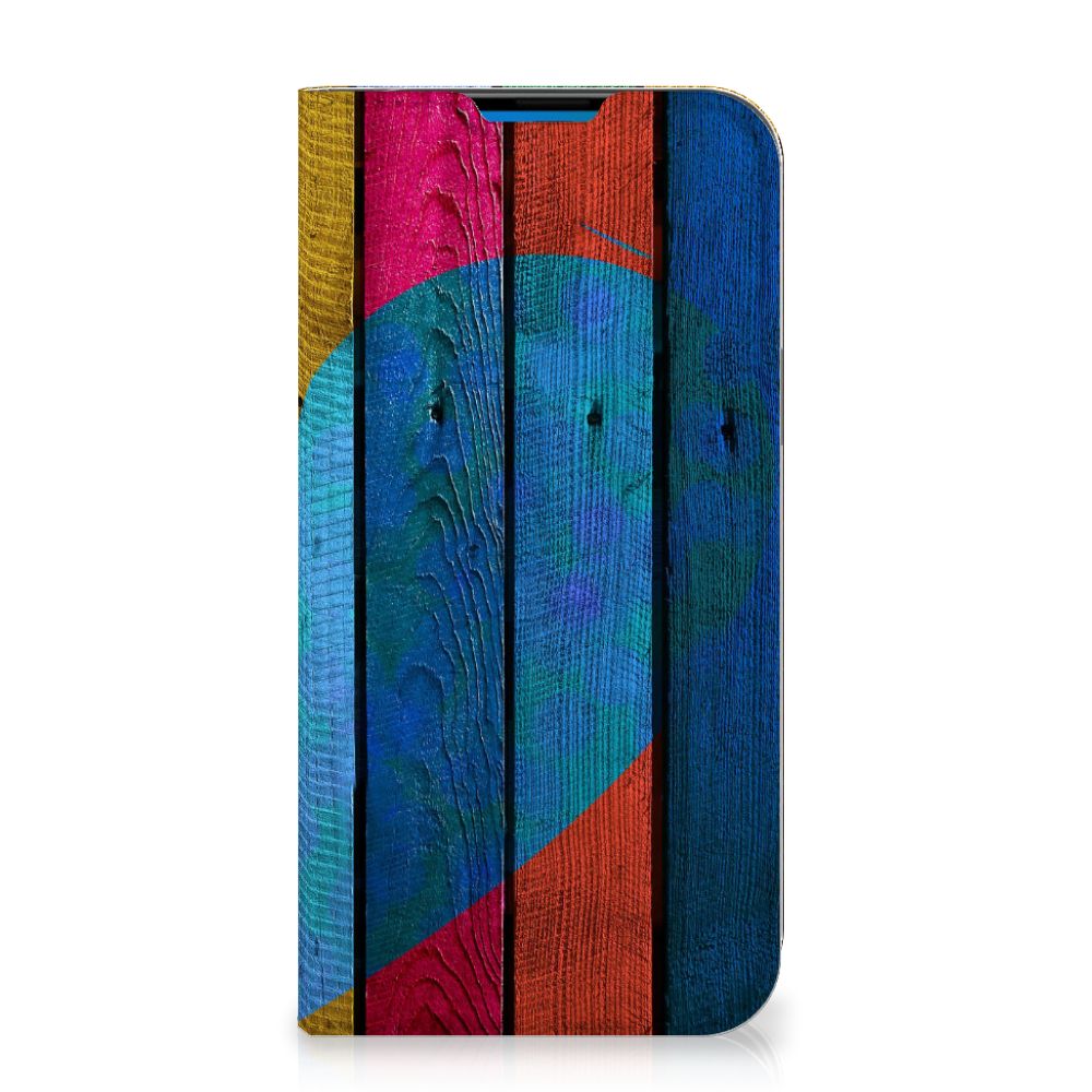 iPhone 14 Pro Max Book Wallet Case Wood Heart - Cadeau voor je Vriend - B2C Telecom