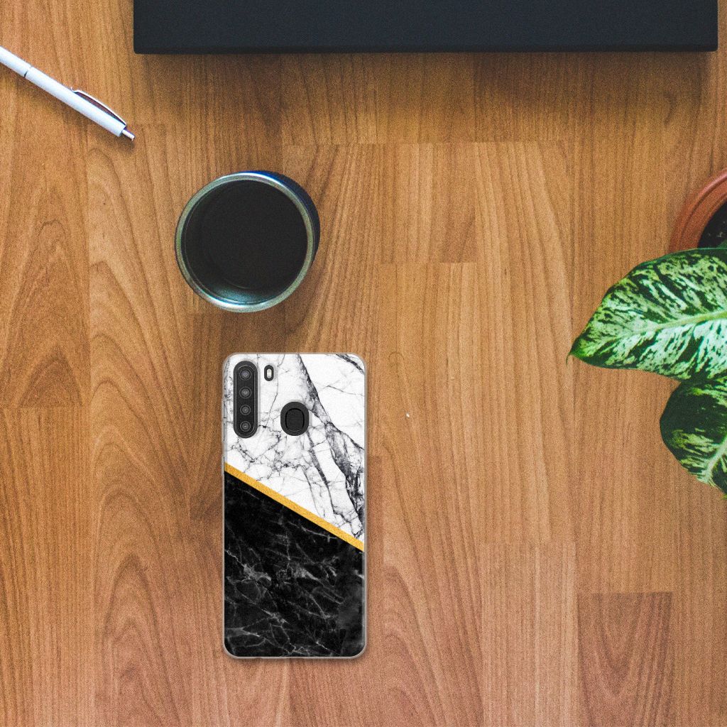 Samsung Galaxy A21 TPU Siliconen Hoesje Marmer Wit Zwart - Origineel Cadeau Man B2C Telecom
