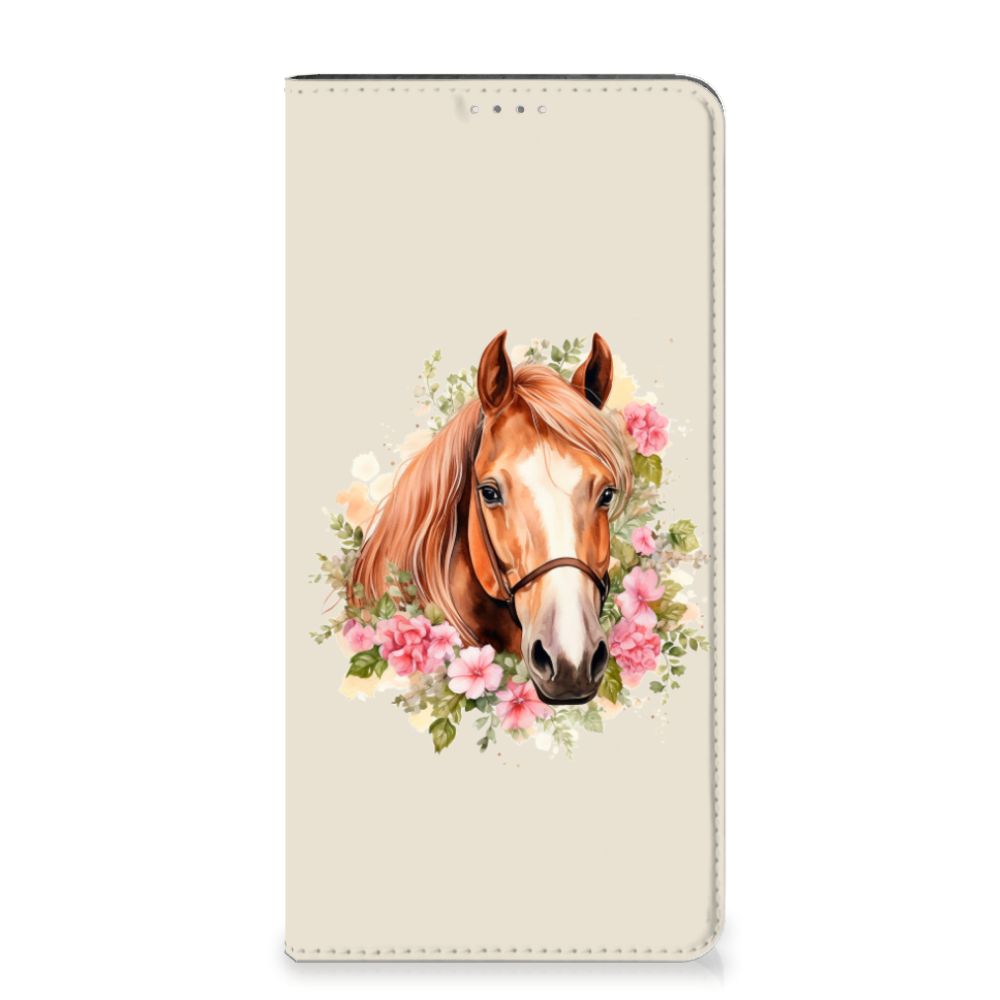 Hoesje maken voor Samsung Galaxy A14 4G Paard met een prachtig paard en bloemenontwerp.