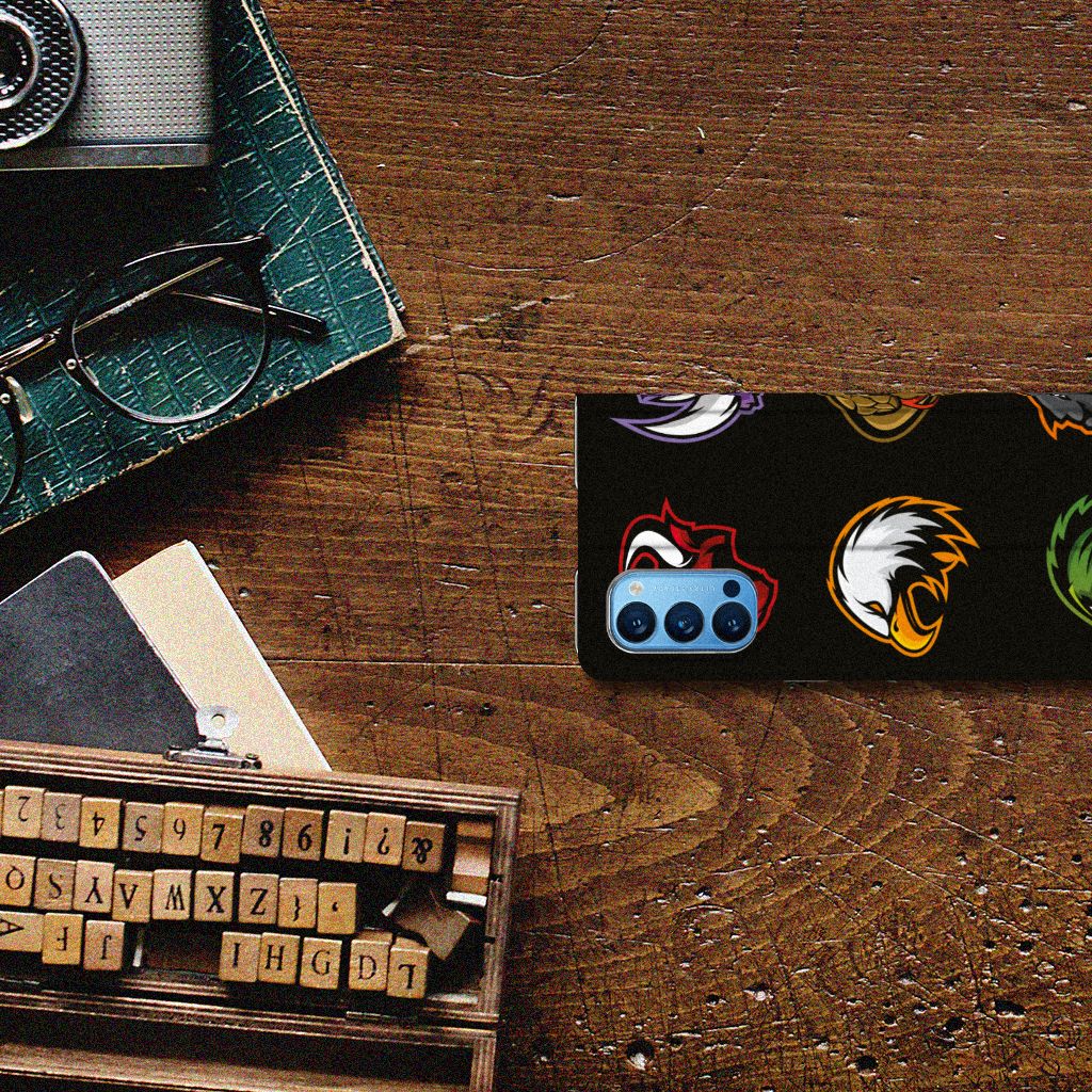 OPPO Reno4 Pro 5G Magnet Case Cartoon with colorful designs on a wooden desk surface.