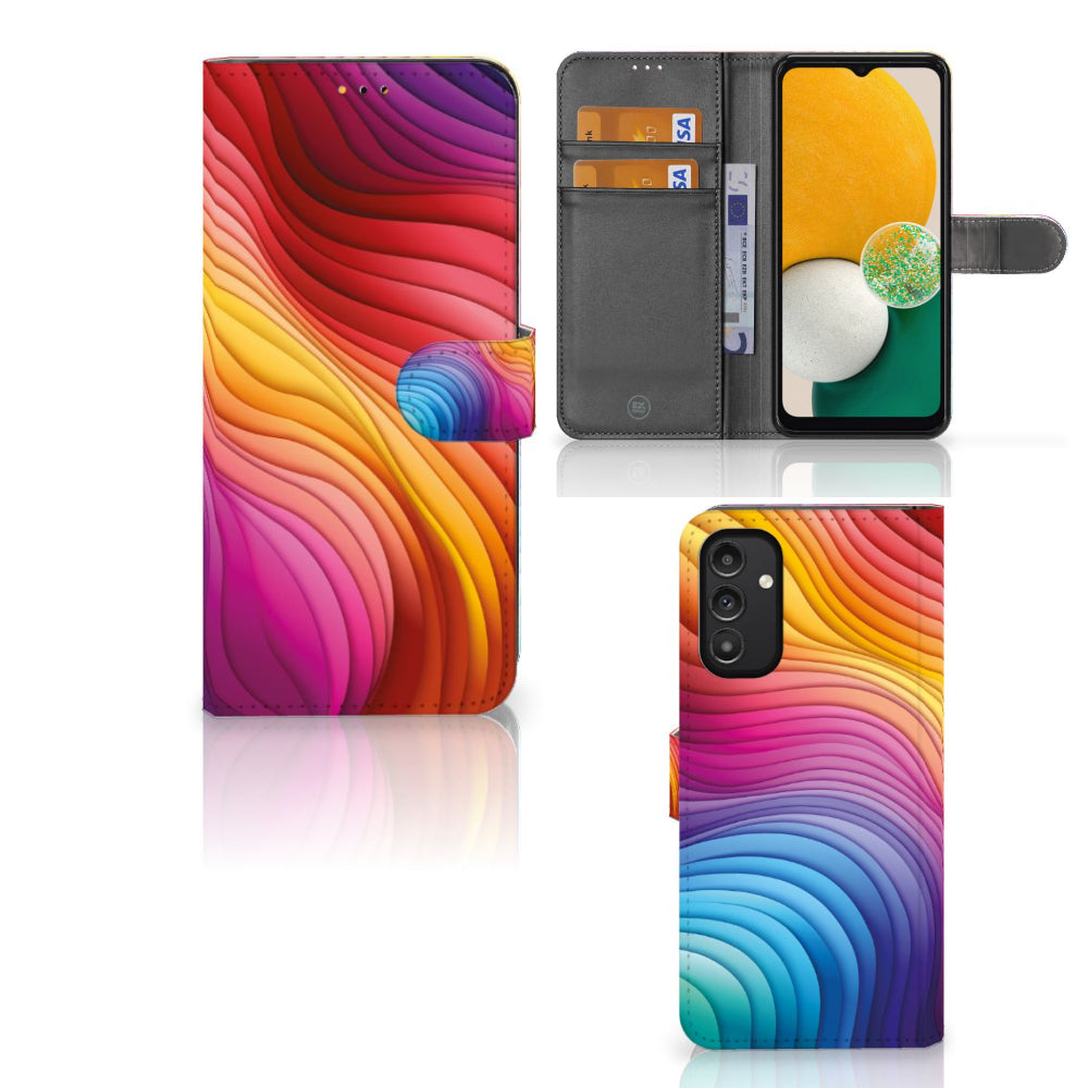 Book Case voor Samsung Galaxy A14 5G Regenboog met kleurrijk golfdesign en interieur voor pasjes.