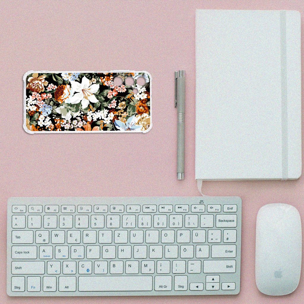Samsung Galaxy A15 Case voor Samsung Galaxy A15 Dark Flowers bovenaanzicht toetsenbord notitieboek pen