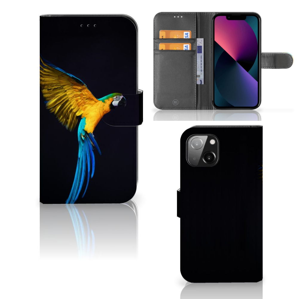 Apple iPhone 13 Telefoonhoesje met Pasjes Papegaai - prachtig model met kleurrijke papegaai op de hoes