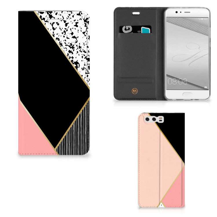 Huawei P10 Plus Stand Case Zwart Roze Vormen