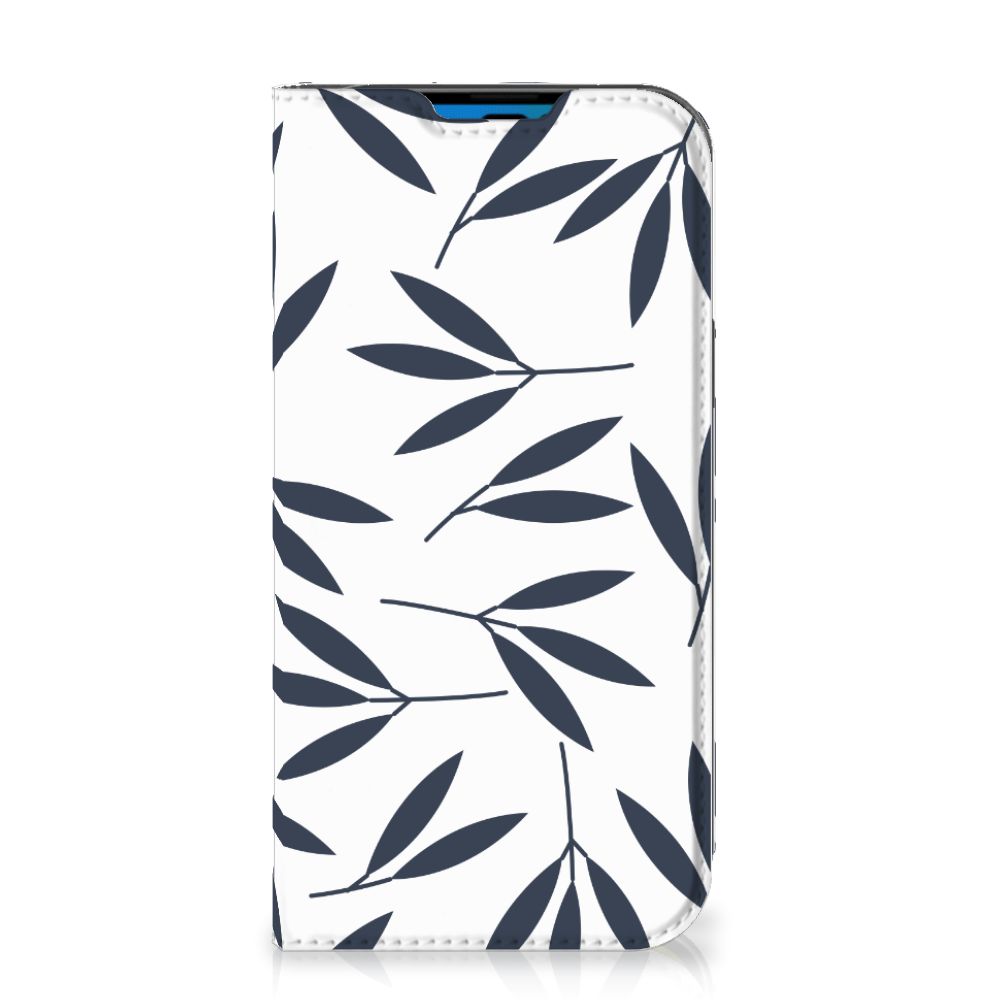 iPhone 14 Pro Smart Cover Leaves Blue met een stijlvol patroon van donkergrijze bladeren op een lichte achtergrond đ.