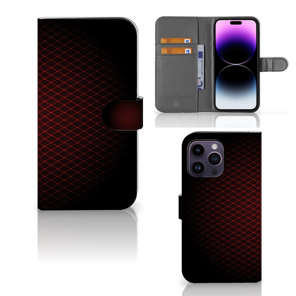 iPhone 15 Pro Max Telefoon Hoesje Geruit Rood met ruimte voor 3 pasjes en minimalistisch design.