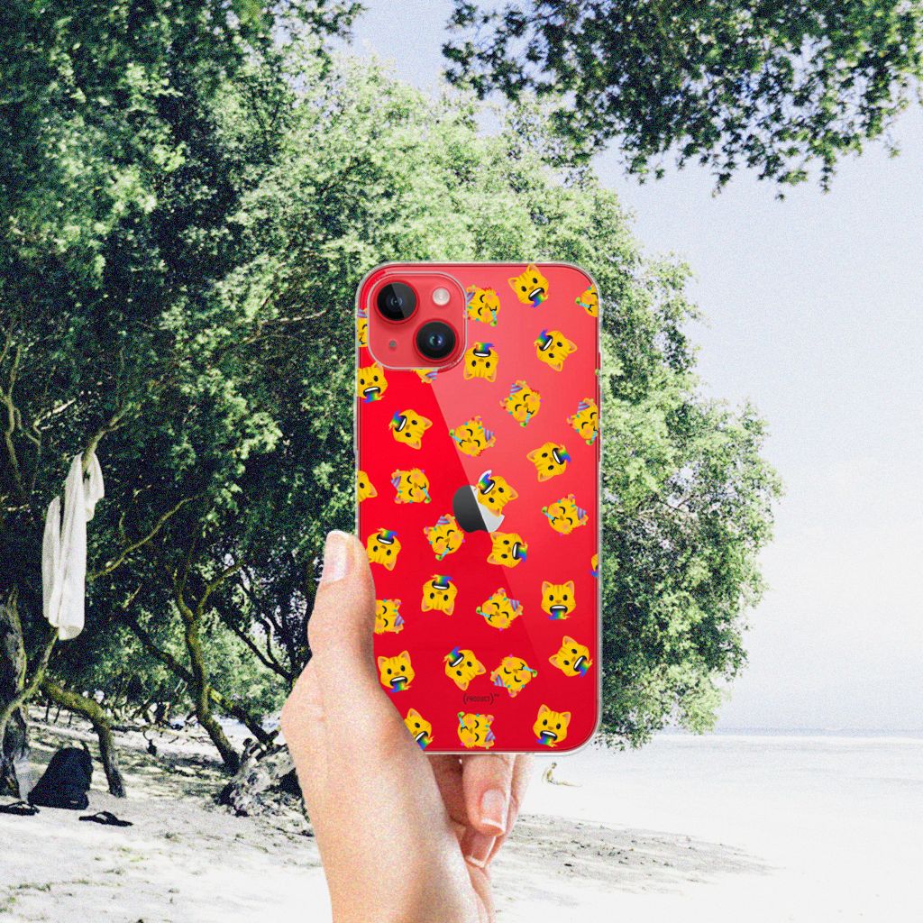 TPU bumper voor iPhone 14 Plus Katten Emojis met vrolijke katten op een rode achtergrond.