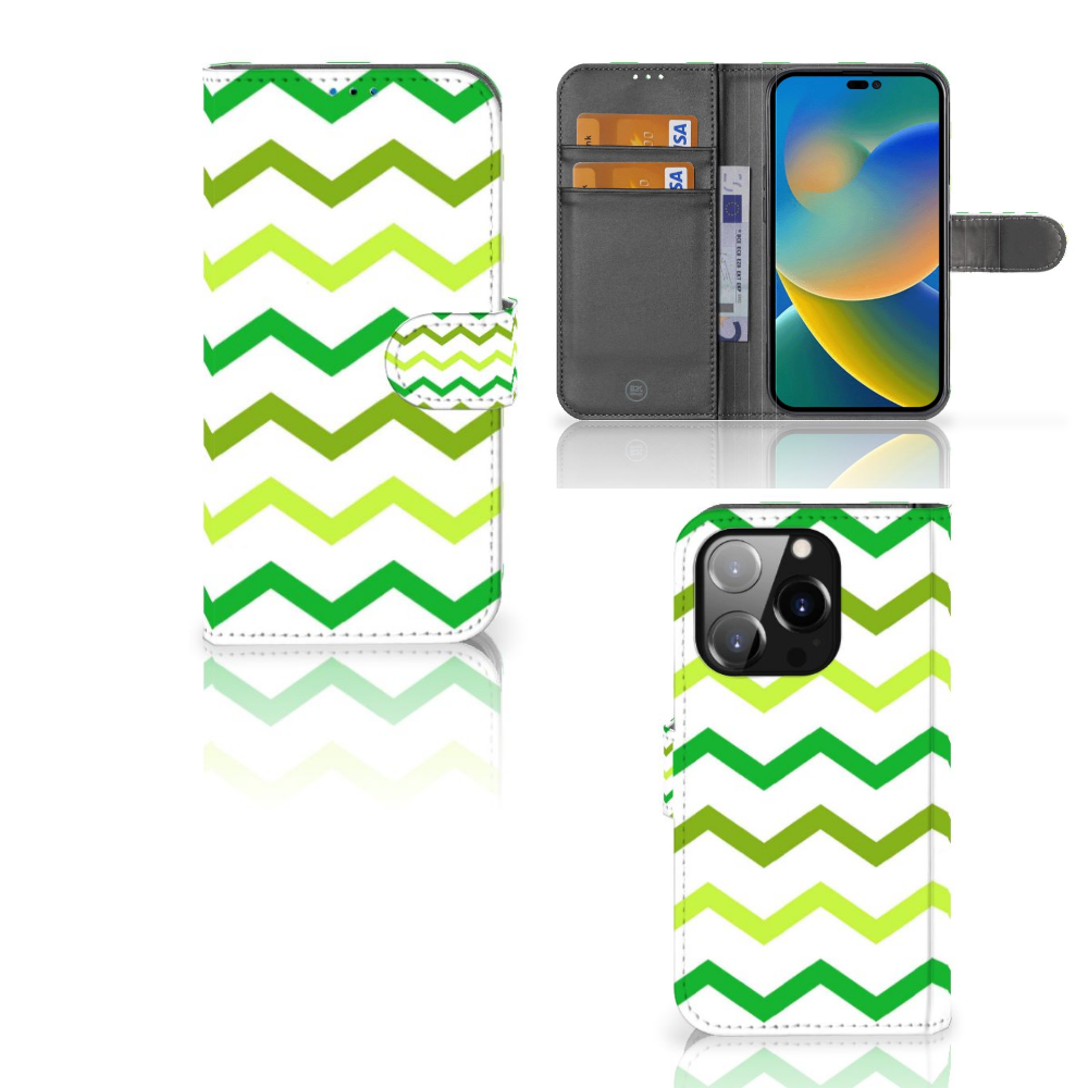 iPhone 14 Pro Telefoon Hoesje Zigzag Groen met kleurrijk zigzagdesign en ruimte voor passen đą