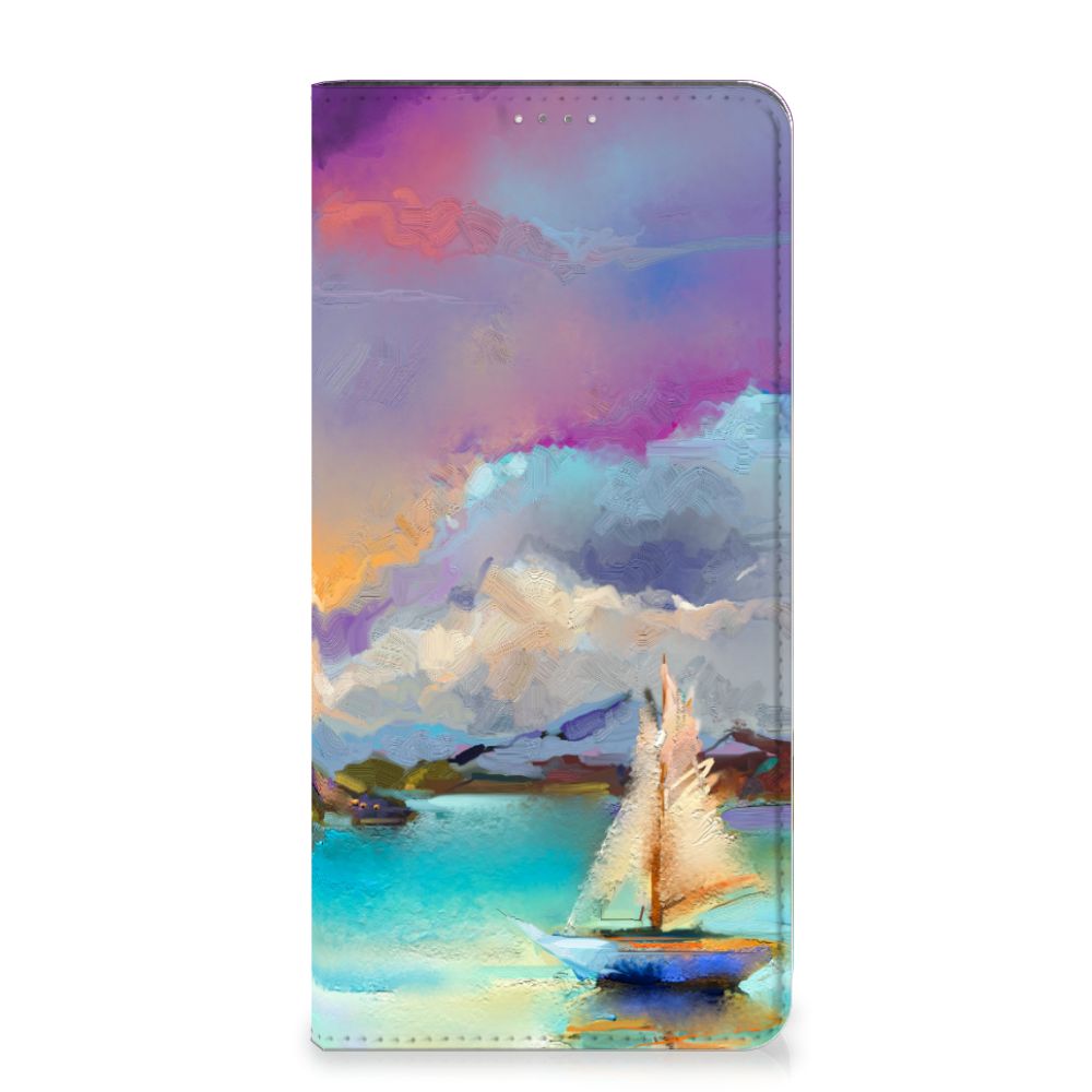 Bookcase Samsung Galaxy A14 4G Boat met abstracte afbeelding van een bootje op een meer.