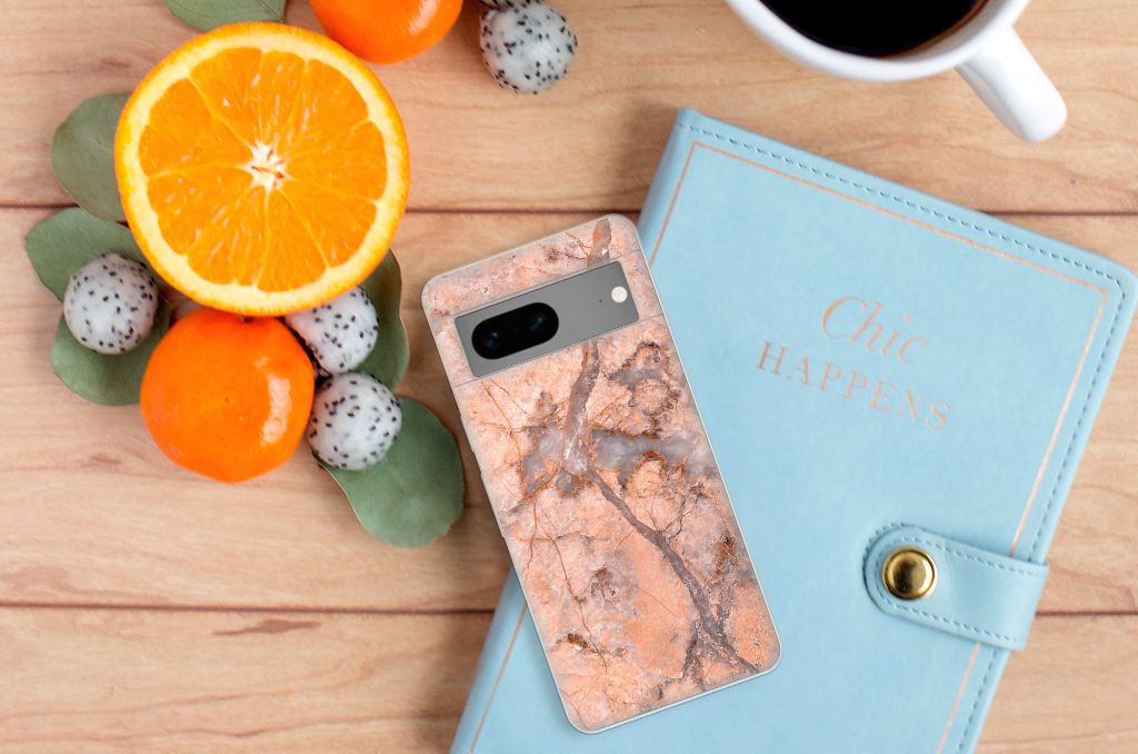 Google Pixel 7 TPU Siliconen Hoesje Marmer Oranje B2C Telecom