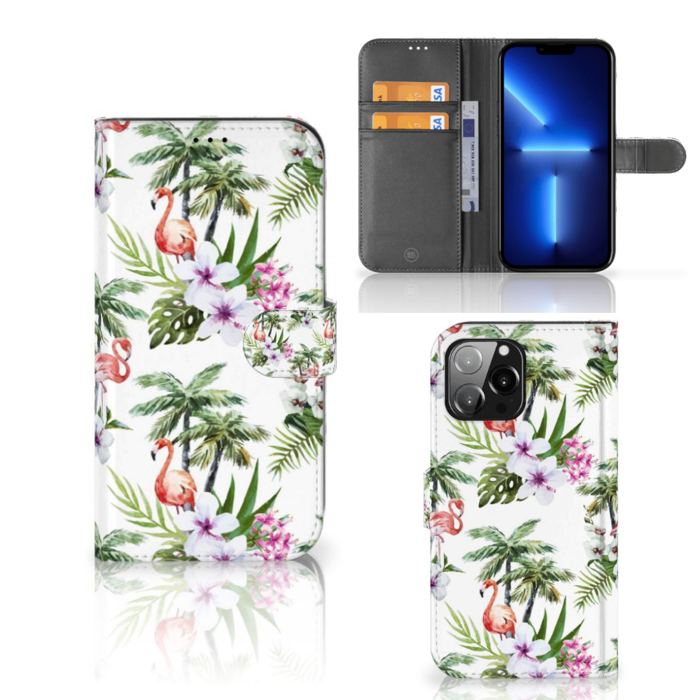 iPhone 13 Pro Max Telefoonhoesje met Pasjes Flamingo Palms met tropisch design en ruimte voor pasjes đ´.