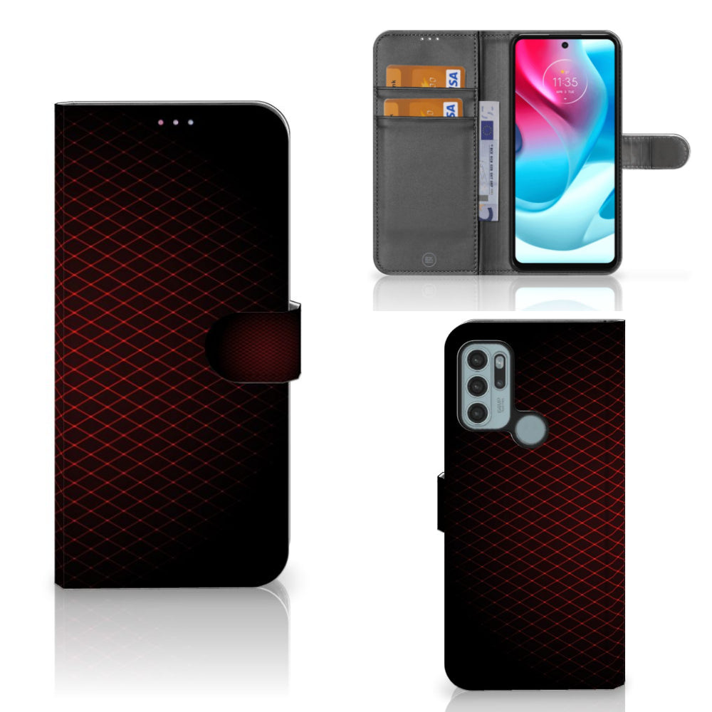 Motorola Moto G60s Telefoon Hoesje Geruit Rood met ruimte voor 3 pasjes, minimalistisch design in rood en zwart.