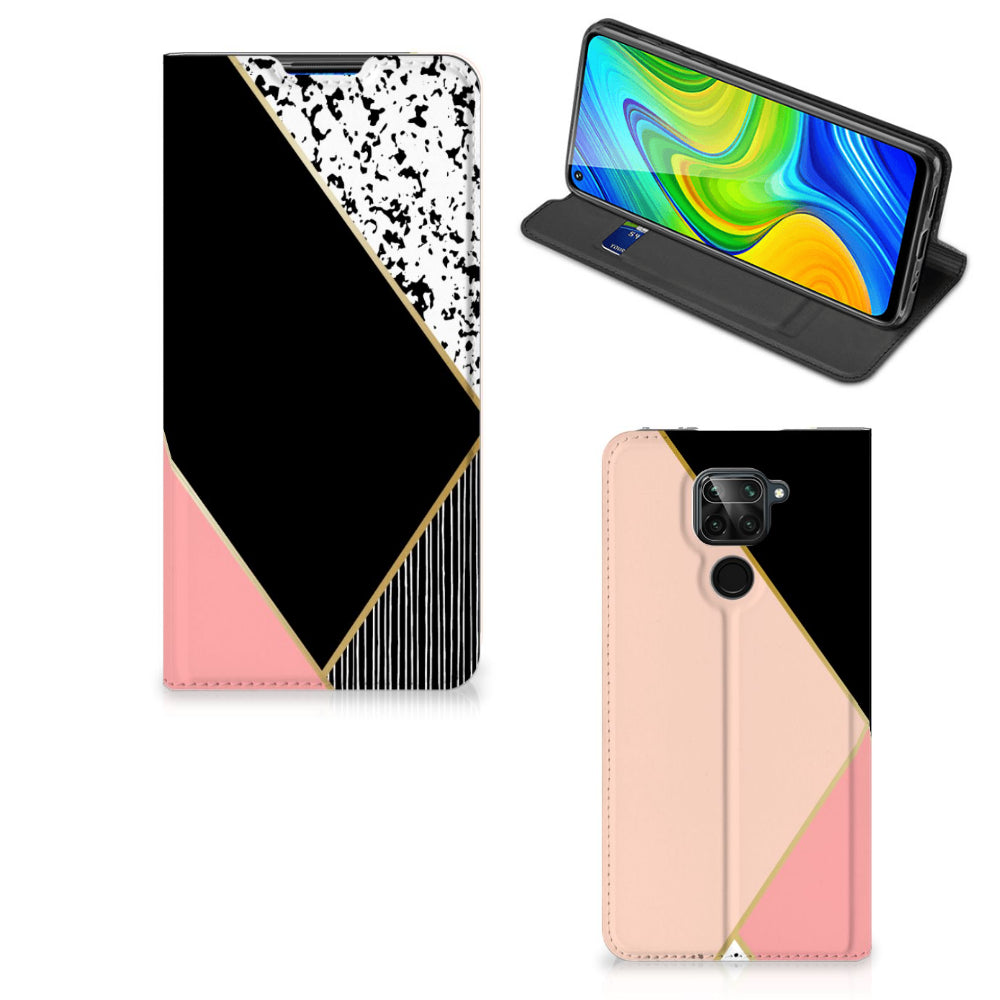 Xiaomi Redmi Note 9 Stand Case Zwart Roze Vormen