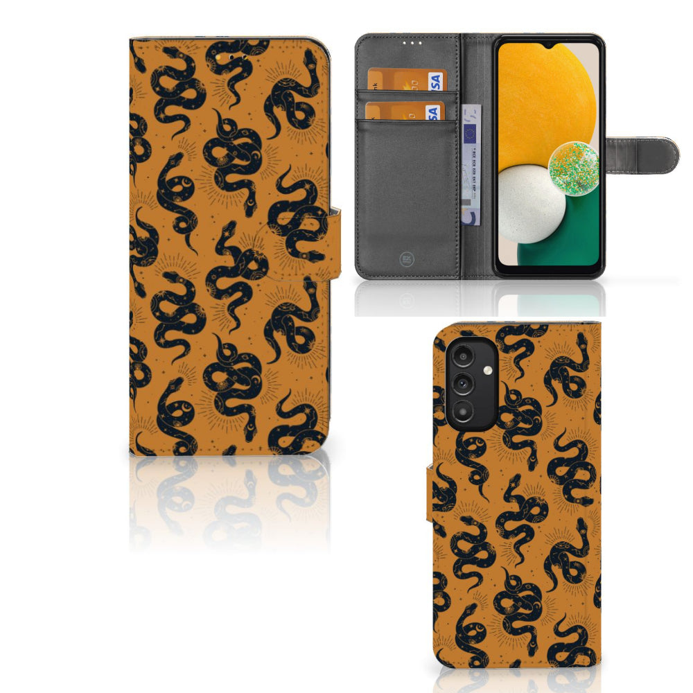 Telefoonhoesje met Pasjes voor Samsung Galaxy A14 5G Snakes met slangenprint en ruimte voor pasjes.