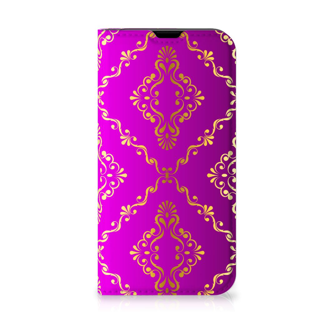 Telefoon Hoesje iPhone 13 Mini Barok Roze met een stijlvolle paars-gouden barokdesign â¨.
