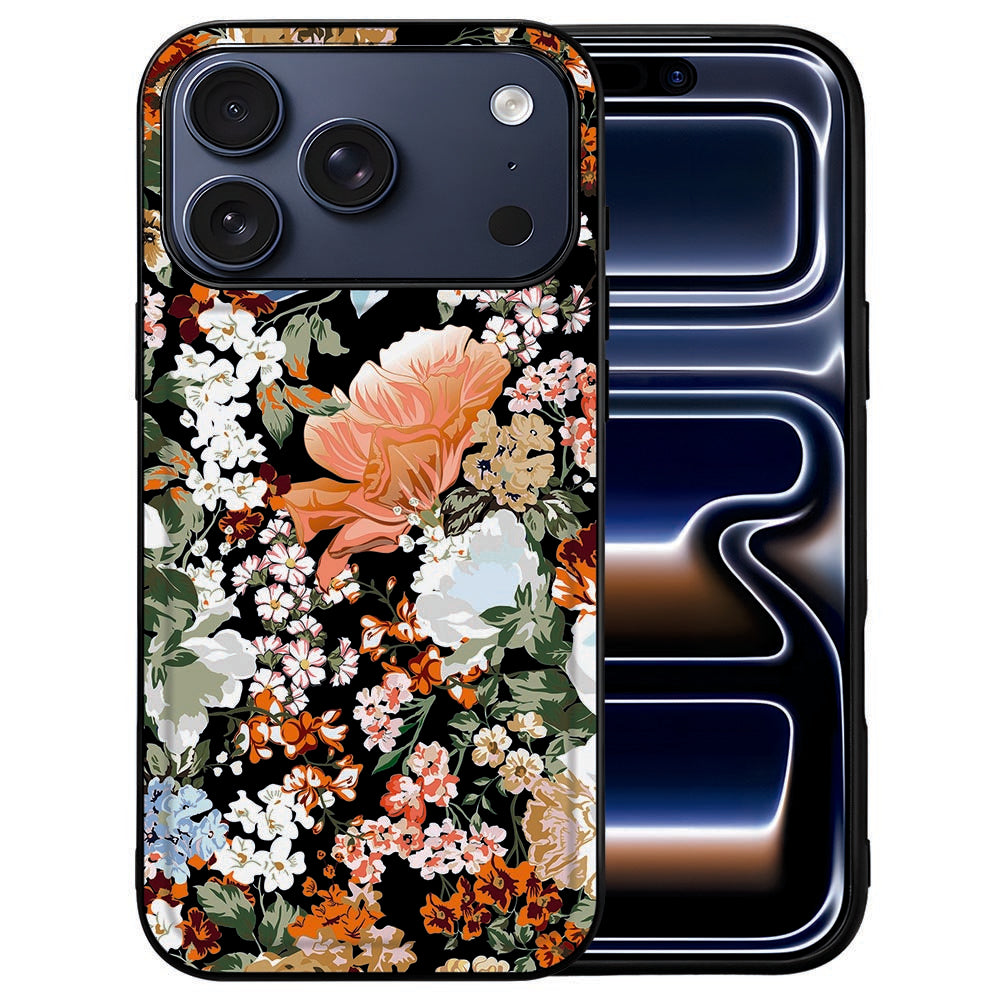 Donkere bloemenprint op de kunstleren achterkant van het iPhone 18 Pro hoesje Dark Flowers