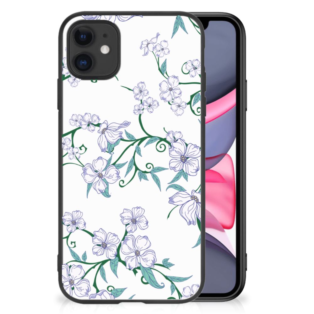 iPhone 11 Uniek Bloemen Hoesje Blossom White met bloemenprint en zwarte randen, geschikt voor dagelijkse bescherming.