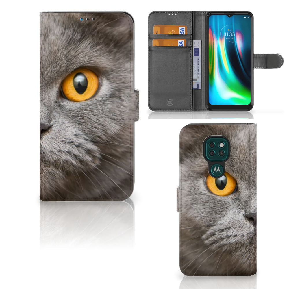 Telefoonhoesje met Pasjes Motorola Moto G9 Play | E7 Plus Britse Korthaar met kattenoog design