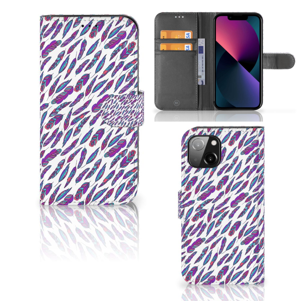 Apple iPhone 13 Telefoon Hoesje Feathers Color met uniek design en vakjes voor pasjes en briefgeld.