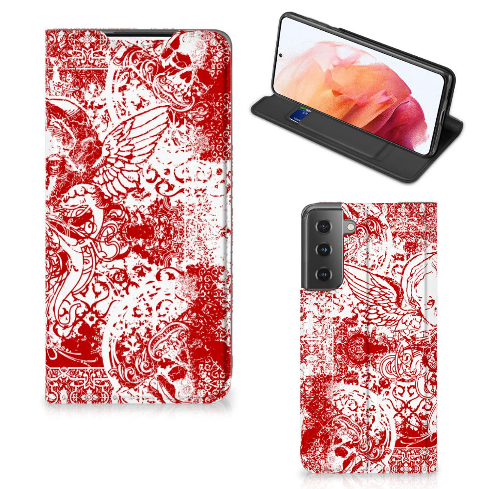 Mobiel BookCase Samsung Galaxy S21 Angel Skull Rood