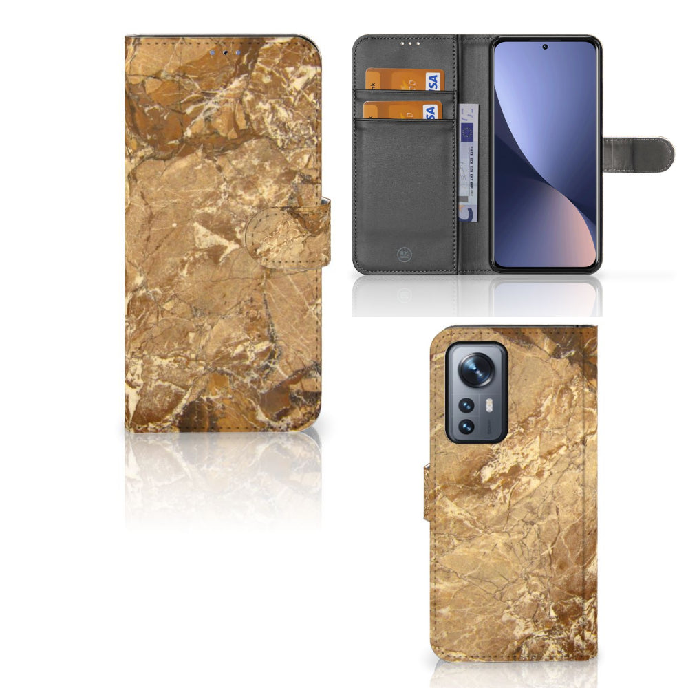 Xiaomi 12 Pro Bookcase Marmer Creme met pasjes en luxe uitstraling, biedt uitstekende bescherming voor je smartphone.