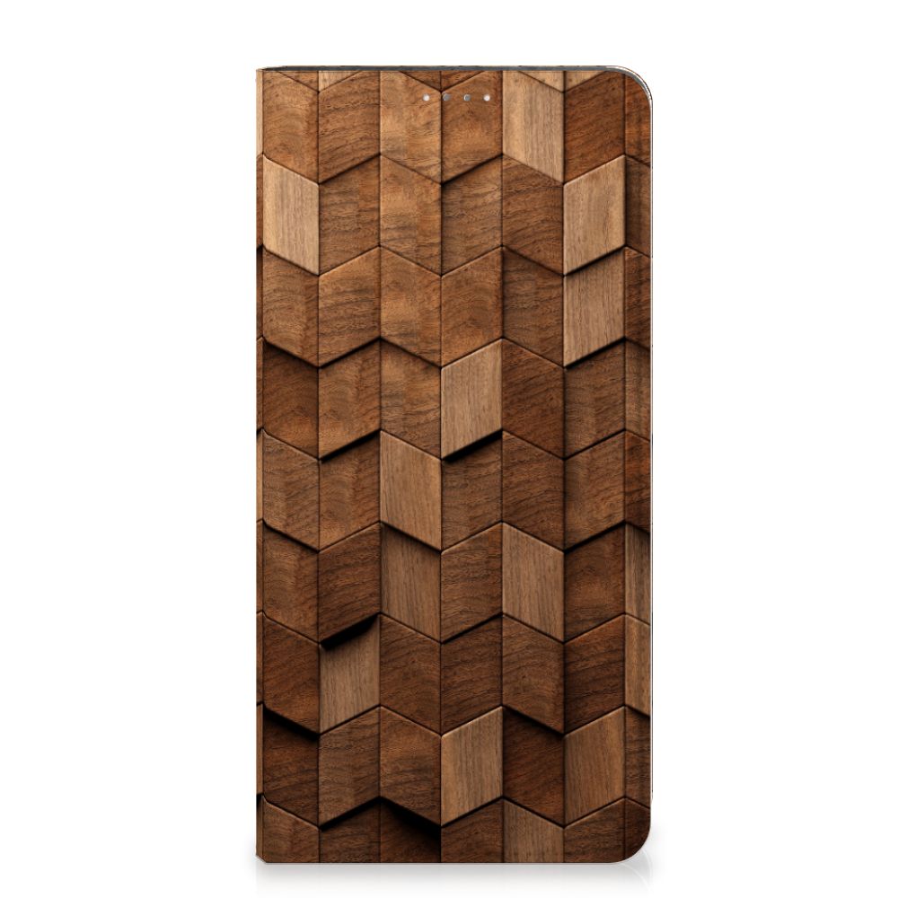 Book Wallet Case voor Samsung Galaxy A14 4G Wooden Cubes met een uniek houten design.