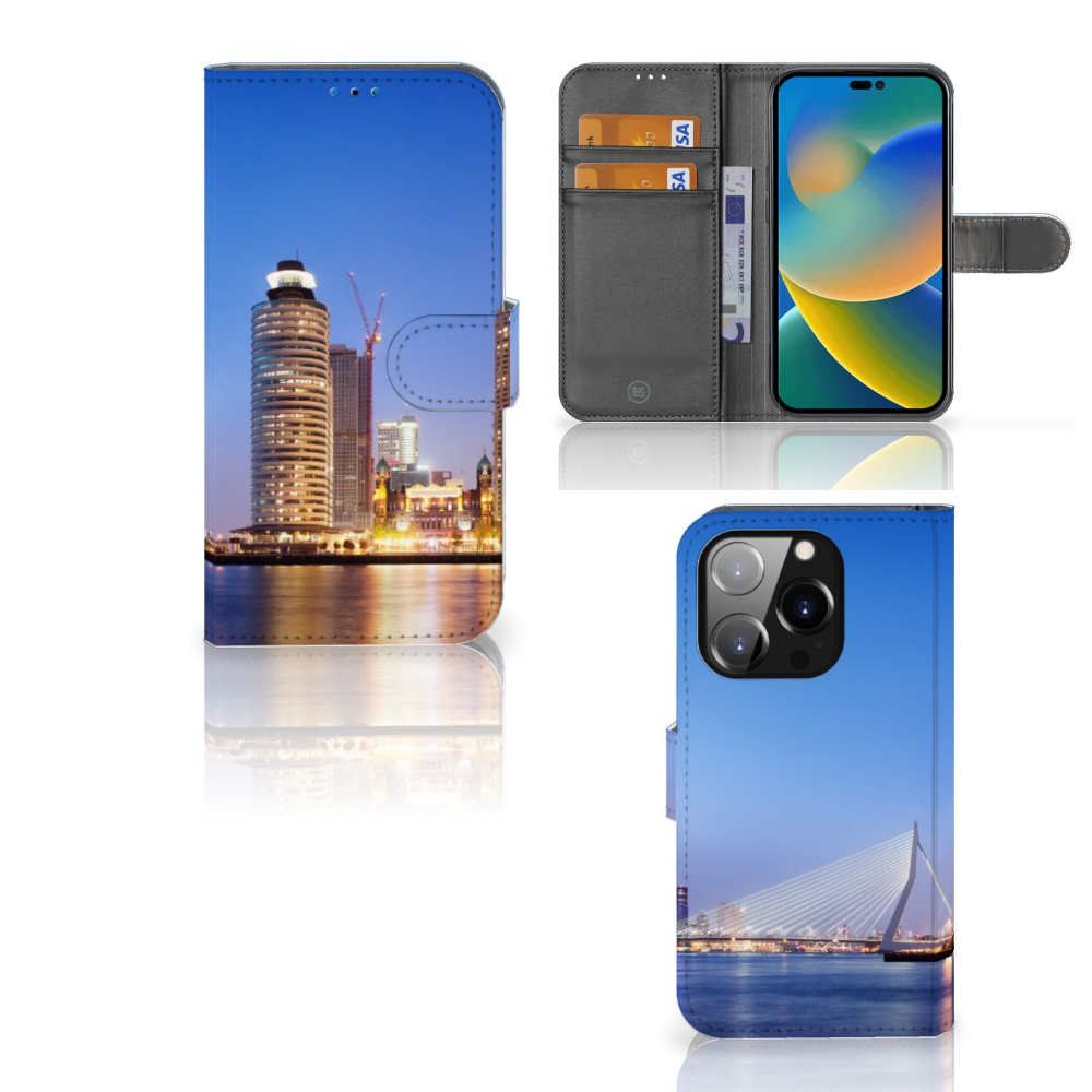 iPhone 14 Pro Flip Cover Rotterdam met skyline van Rotterdam đ en stijlvolle binnenkant voor pasjes.