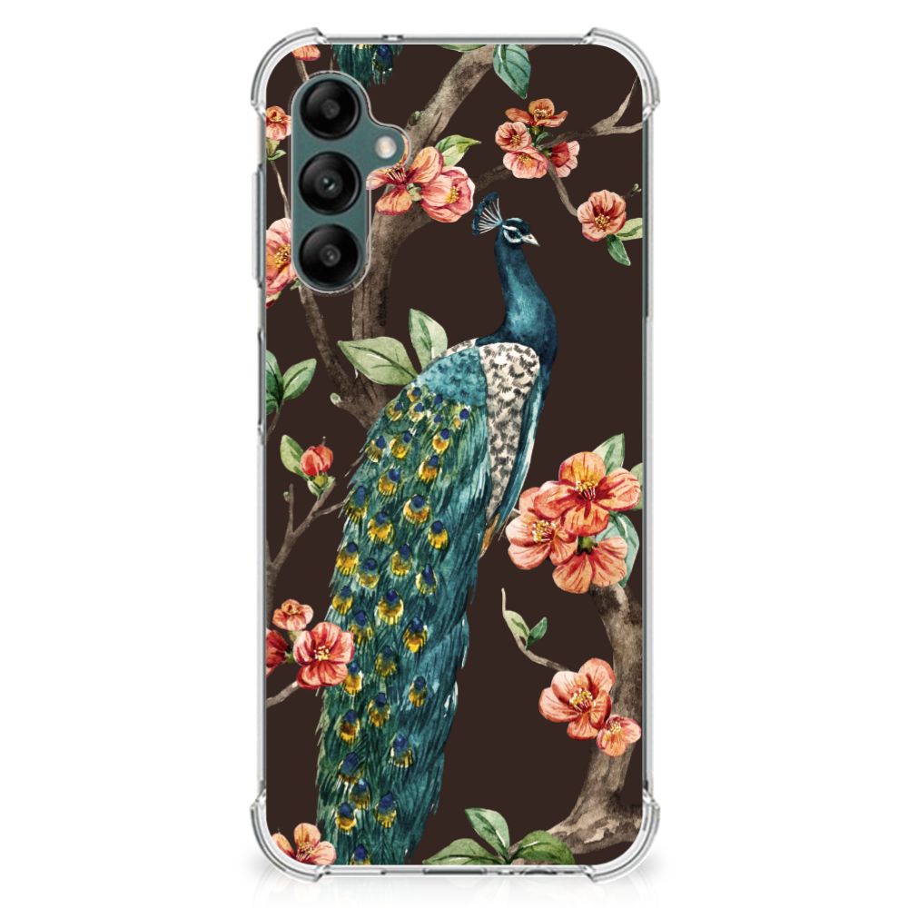 Samsung Galaxy A14 5G/4G Case Anti-shock Pauw met Bloemen met kleurrijke pauw en bloemen op donkere achtergrond