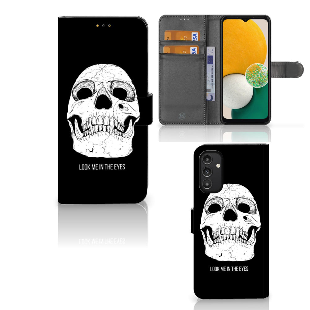 Telefoonhoesje met Naam Samsung Galaxy A14 5G Skull Eyes met skull design en vakjes voor pasjes.