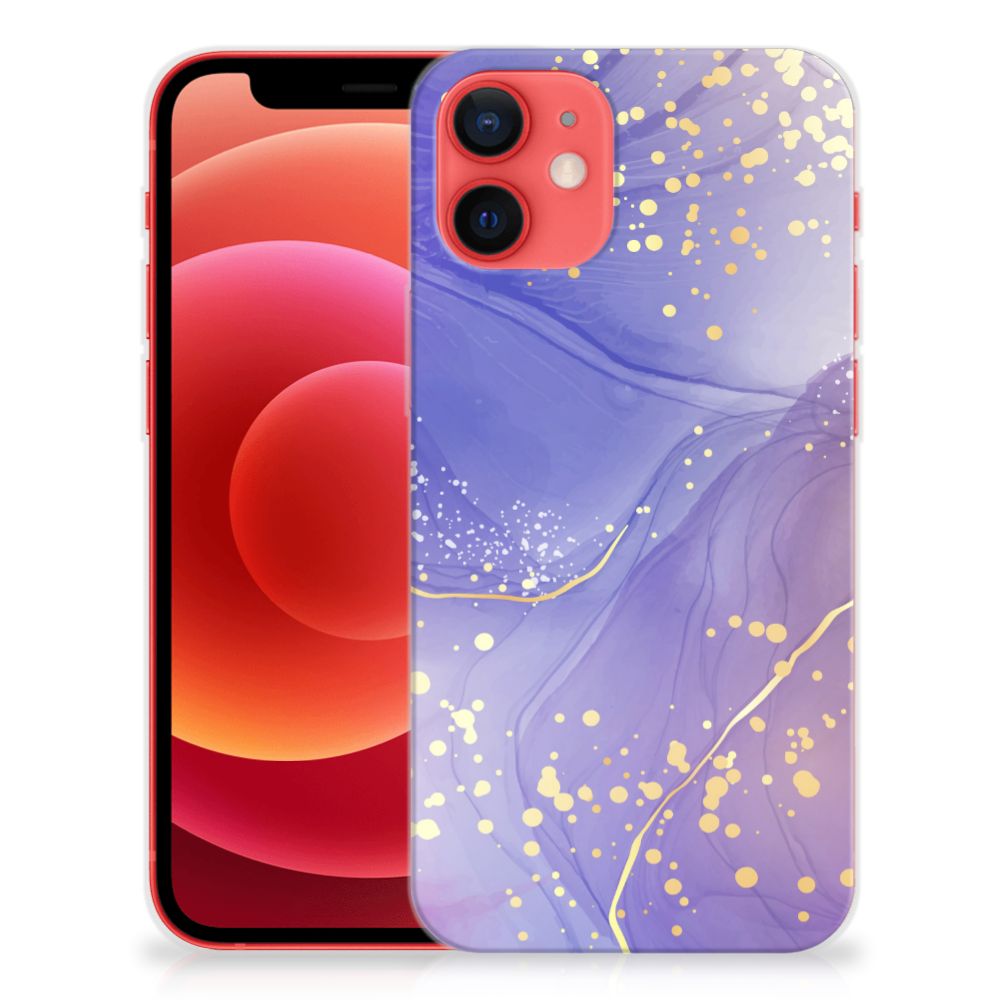 Hoesje maken voor iPhone 12 Mini Watercolor Paars met gouden details en een prachtig paarse achtergrond.