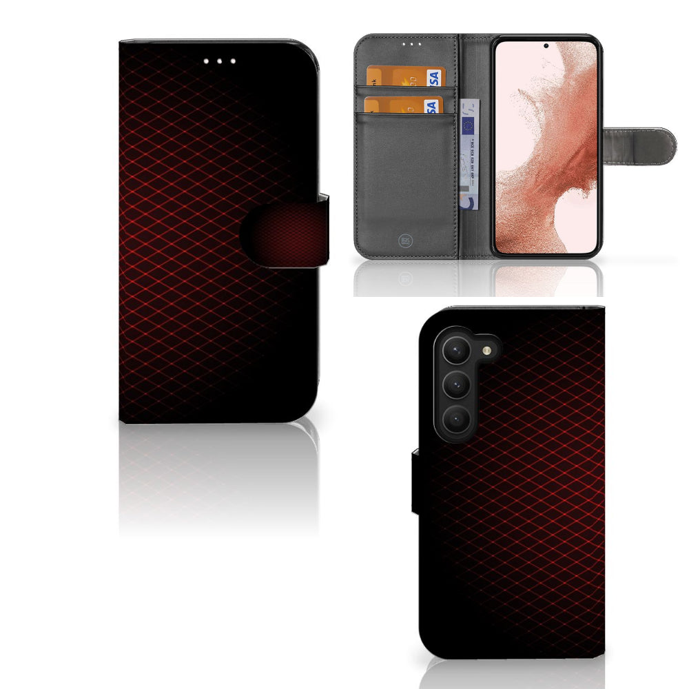 Samsung Galaxy S23 Telefoon Hoesje Geruit Rood met ruimte voor 3 pasjes en zwart-rood design.