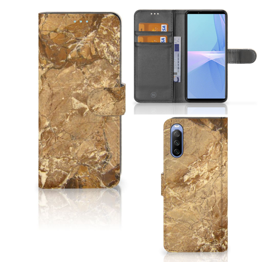 Sony Xperia 10 III Bookcase Marmer Creme met luxe marmerdesign en ruimte voor pasjes.