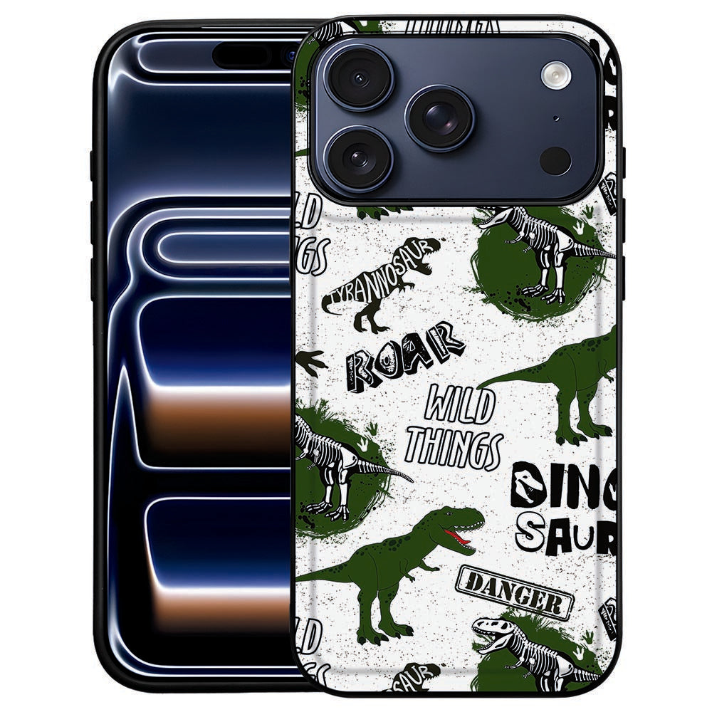 Dinosaurus iPhone 18 Pro Max hoesje met groene dino's en texturen op de witte basis