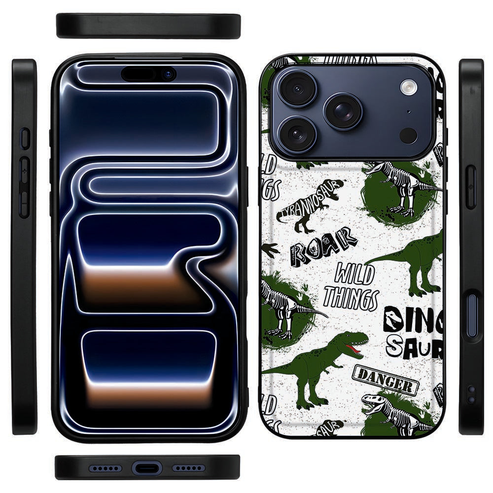 Zijkant van het Dinosaurus hoesje voor iPhone 18 Pro Max met verhoogde zwarte TPU-rand