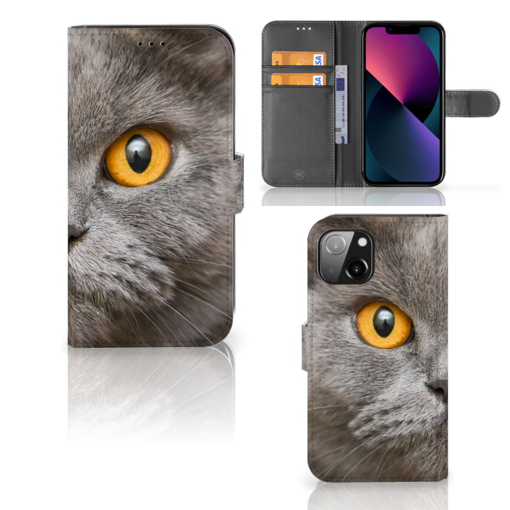 Telefoonhoesje met Pasjes Apple iPhone 13 Britse Korthaar met afbeelding van een Britse Korthaar kat
