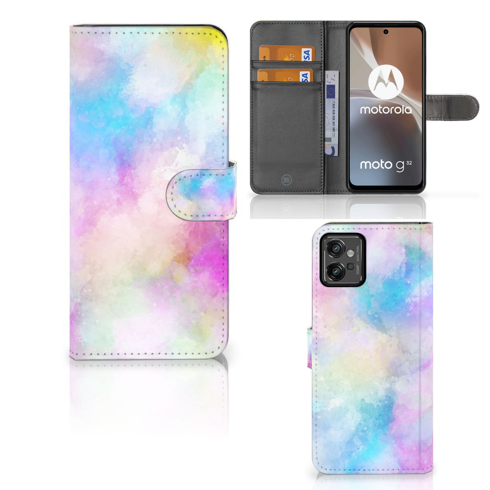 Hoesje Motorola Moto G32 Watercolor Light met pastelkleuren en pasjeshouder, uniek en kleurrijk ontwerp.