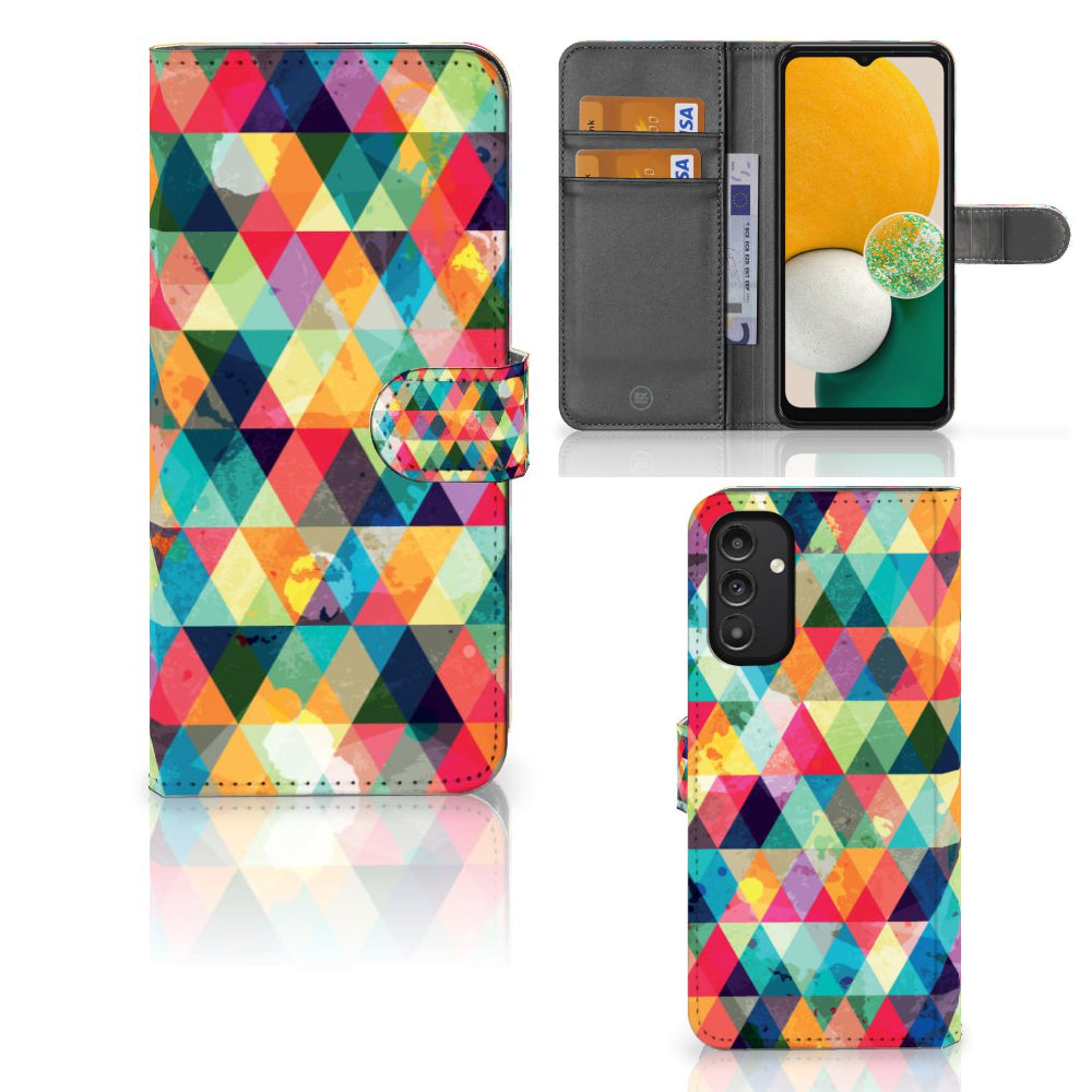 Samsung Galaxy A14 4G Telefoon Hoesje Geruit met kleurrijk ruitjes ontwerp en ruimte voor 3 pasjes.